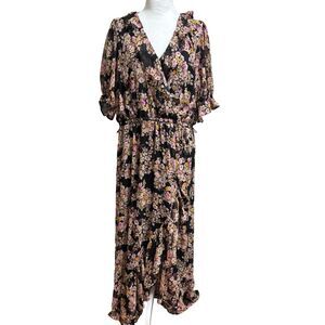 Lauren Conrad Wrap Maxi Womens Plus XXL Dress Black Floral Chiffon Feminine Boho